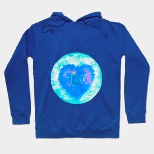 AQUA LOVE HEART CIRCLE, BLUE AND TURQUOISE, HANDWRITTEN WORD LOVE Hoodie